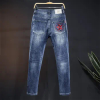 2024 High-End Chinese Style Koi Embroidered Jeans Men's Street Design Sense Embroidered Slim Fit Pu 