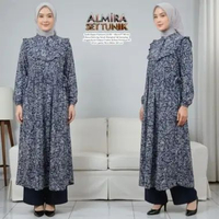 Almira One Set Wanita Kekinian Tunik Ruffle Rayon Premium Outfit Baju Setelan Celana Kulot LD 110 cm