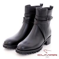 【CUMAR】皮帶拼接低跟短靴-黑色