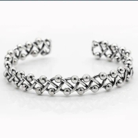 Adjustable S925 Sterling Silver Bangle for Men Boys Punk Cross Woven Bangles with Balls Vintage Cool Thai Silver Jewelry Gift