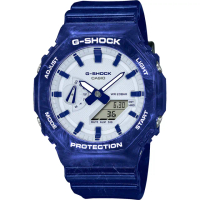 【CASIO 卡西歐】G-SHOCK 青花瓷系列 八角雙顯手錶(GA-2100BWP-2A)