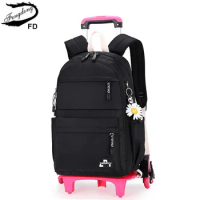 girls school bag with 6 wheels kids trolley backpack middle girl rolling simple black book