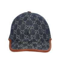 【GUCCI 古馳】全新福利品 滿版Logo 皮革滾邊 棒球帽 帽子 牛仔 丹寧 藍色 656206 M號