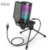 FIFINE USB Condenser Gaming Microphone, for PC PS4 PS5 MAC with Pop Filter Shock Mount&amp;Gain Control for Podcasts