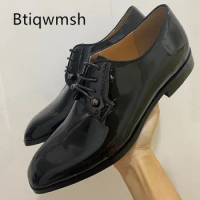 Black Loafer Shoes Man Pointed Toe Rivet Lace Up Flat Shoes Men Fashion Dress Shoes