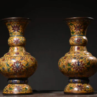 13"Tibetan Temple Collection Old purple Bronze Cloisonne Enamel Chord pattern Flower Pot Bottle Vase A pair Amass wealth