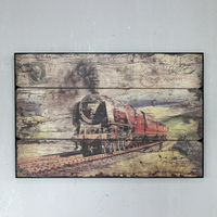 歐式老式蒸汽火車頭木板畫 郵戳元素磨砂做舊 酒吧咖啡廳懷舊壁飾1入