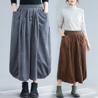 秋冬新款森女系復古大碼寬松百搭中長裙棉麻燈芯絨燈籠半身裙1入