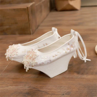 Traditional Chinese Hanfu Shoes Ancient Women Heels Pearl Tassels White Bandage Embroidered Lolita Oriental Princess Platforms