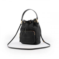 Prada 普拉達 PRADA 刺繡Logo帆布拼皮革飾邊 兩用 水桶包 黑色1BH038 1pc