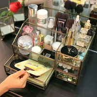 梳妝台化妝品收納盒 玻璃復古非壓克力護膚品口紅抽屜式整理盒  HM