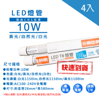 東亞照明 LED T8 2尺10W燈管省電燈管4入(T8 LED 燈管 省電燈管 無藍光不閃頻)