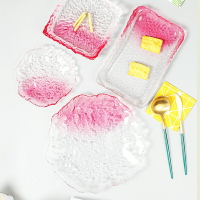 日式錘紋玻璃盤粉色透明冰露日料碟盤子點心盤壽司冷盤甜品方形盤