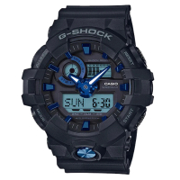 【CASIO 卡西歐】G-SHOCK 潮流雙顯男錶 樹脂錶帶 黑X藍 防水200米 世界時間(GA-710B-1A2)