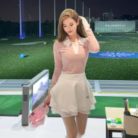 New Breathable Sunscreen Golf Polo Shirt Long Sleeve Top Women's Short Skirt Summer Autumn Female Wave Pleated Skort