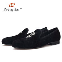 Handcraft men stitching plaid velvet shoes with Luxurious Silver bee embroidery Party Prom and Banquet men loafers men's flats