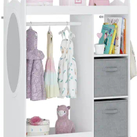 Kids Armoire Wardrobe Closet with Mirror and Storage Bin, Pink/White, 33.4 in W x 15.75 in D x 44.5 in H