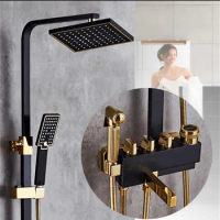 Vidric Europe style Square Bath &amp; Shower Faucet brass Black and gold wall mounted shower faucet set with rainfall shower head