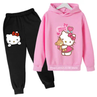 Anime Hello Kitty Spring Fall Pullover Hoodie Set Kids Fashion Girls Boys Teen Clothing Outdoor Student Casual Ages 4-14