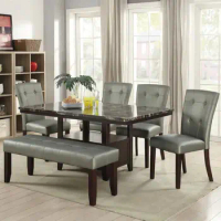 Dining Table Set,Dining Table w/ Storage,4x High Chairs &amp; 1x Bench,Silver Faux Leather Tufted Seats,Faux Marble Table Top,6pc
