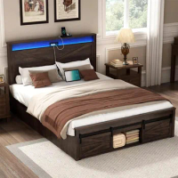 US Farmhouse Queen Size LED Wood Bed Frame with Headboard, Charging Station