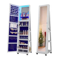 360° Rotating Jewelry Armoire with Lights Lockable Mirror Cabinet Standing Full Length Storage Shelf Large LED Makeup