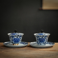 青花瓷三才蓋碗茶杯陶瓷茶碗套裝功夫茶具大號纏枝蓮泡茶敬茶碗