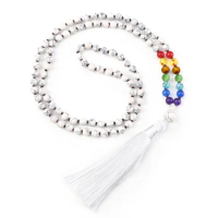 Natural White Howlite Stone Necklace 7 Chakra Reiki 108 Mala Beads Rosary Knotted Tassel Necklace Japamala Jewelry for Women Men