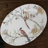 北歐鄉村陶瓷餐具花鳥系列托盤橢圓盤魚盤糕點盤子西餐盤牛排盤