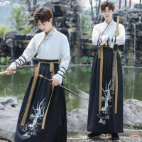 Chinese Ancient Traditional Men Hanfu Han Dynasty Oriental Swordsman Embroidery Folk Dance Performance Outfits Cosplay Costumes