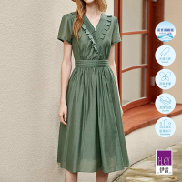 ILEY伊蕾 輕奢光澤交疊V領萊賽爾纖維長洋裝(綠色；M-XL)1232077048