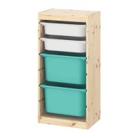 TROFAST 收納組合附收納盒, 染白松木 白色/土耳其藍, 44x30x91 公分