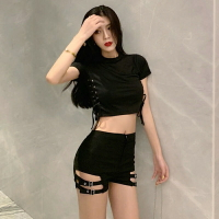 短褲腿環ins超火夏季腿環高腰緊身包臀短褲女顯瘦短袖綁帶t恤