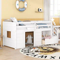 Low Loft Bed with Stairs, Twin Size Storage Loft Bed Frame with Drawers and Shelves Wood Kids Loft Bed with Steps for Boys Girls