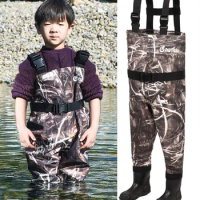 NeyGu Childrens Fishing Waders with Boots, Kids Chest Camo Waders with Boots, youth fishing waders, toddlers boys fishing wader