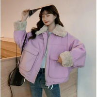 2024 Autumn And Winter New Big Pocket Cotton-padded Jacket Female Y2K Fashion Korean Version Of Lazy Loose Casual Oversize Coat.