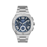 【GUESS】銀框 藍面 三眼日期顯示 圓角方型 不鏽鋼錶帶 男錶 手錶 情人節(GW0572G1)