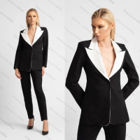 Cool Black Women Pants Suits Set 2 Pieces Long Sleeve Girls Blazer Custom Made Plus Size Office Lady Party Prom Wear