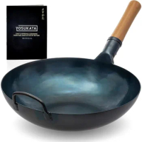 Flat Bottom Wok Pan - 13.5" Blue Carbon Steel Wok - Preseasoned Carbon Steel Skillet - Traditional J