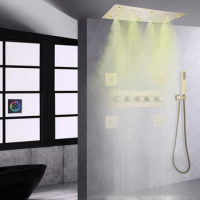 Brushed Gold Shower Systems Ceiling LED Shower Set High Flow Thermostatic Shower Head Rainfall Spa