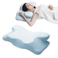 雙向護頸枕 記憶枕 側睡枕頭 助眠枕 蝶型枕(護頸椎止鼾枕 透氣舒適 自帶枕套 藍色)