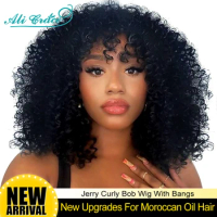 Ali Grace Moroccan Oil Hair Machine Made Jerry Curly Bob Wig With Bangs Curly Short Bob Wig Remy Human Hair Wig Glueless Wigs