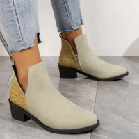 Ankle Boots for Women 2024 New Autumn Pointed Low-heeled Women Shoes Patchwork Female Boot Concise Square Heel Chelsea Boots