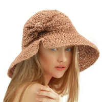 Straw Bowknot Slit Sun Hat Elegant Vintage Crochet Bucket Hat Foldable UV Protection Travel Beach Hats For Spring &amp; Summer