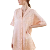 Short Sleeve Leopard Pajamas For Women,6A 19Mm 100%Real Mulberry Silk Pajama Dress,Lapel Pyjamas,2024 New Sleepwear P36727QM