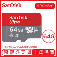 【超取免運】SANDISK 64G ULTRA microSD 120MB/S UHS-I C10 A1 記憶卡 64GB 紅灰