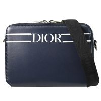 Christian Dior 簡約燙印LOGO小牛皮雙層拉鍊迷你斜背方包(深藍)