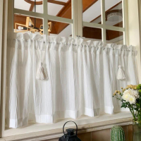 Kitchen Curtains Handmade White Semi Sheer Short Curtain Tassels Window Valance &amp; Cafe Curtain Tiers for Bedroom Home Rod Pocket