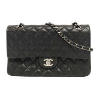 【二手名牌BRAND OFF】CHANEL 香奈兒 黑色 羊皮 菱格紋 Classic Double Flap 25 肩背包 鍊帶 銀扣 A01112