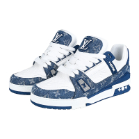【Louis Vuitton 路易威登】LV Trainer 壓印LOGO花紋牛仔布搭壓紋小牛皮運動鞋(男款/藍)